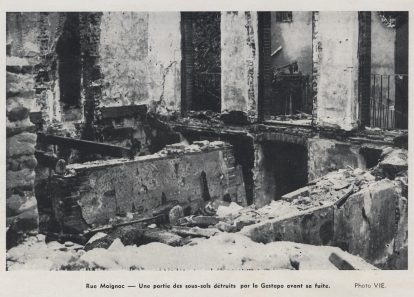 Incendie, avant la fuite des Allemands, des archives contenues dans une partie des sous-sols de la Gestapo, rue Maignac à Toulouse, le 18 août 1944