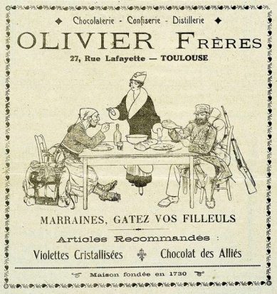 Chocolaterie – confiserie – Distillerie, Olivier frères, 27 rue Lafayette, Toulouse, marraines, gâtez vos filleuls.