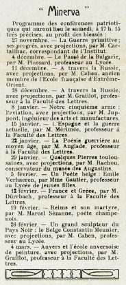 Minerva. Programme de conférences patriotiques au profit des blessés.