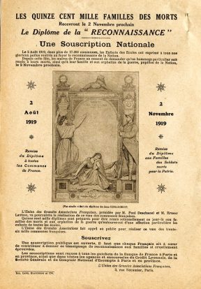 Les quinze cent mille familles des morts recevront le 2 novembre prochain le diplôme de la « reconnaissance ». Une souscription nationale.