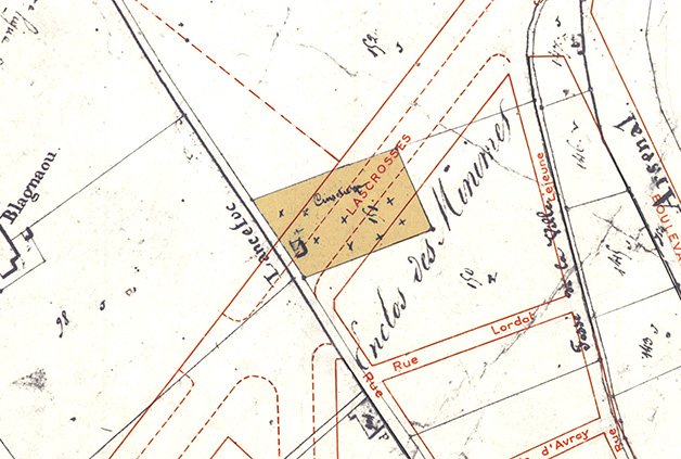 Plan de 1839 indiquant l'emplacement de l'ancien cimetière Saint-Pierre sur le tracé du boulevard Lascrosses, au moment de la construction des casernes Compans et Caffarelli.