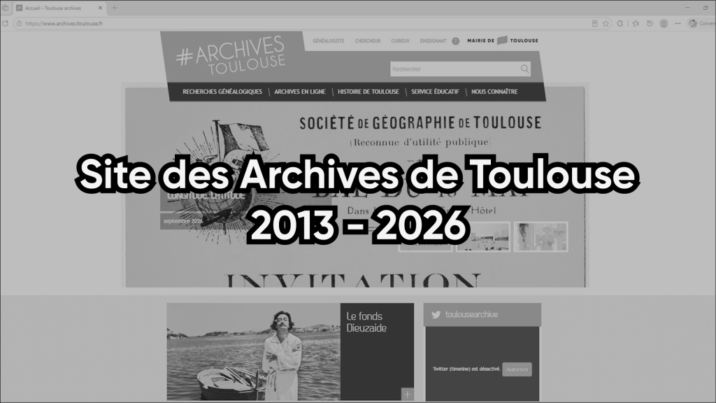 Capture d'écran de l'ancien site des Archives de Toulouse avec inscription dans le style d'une stèle funéraire.