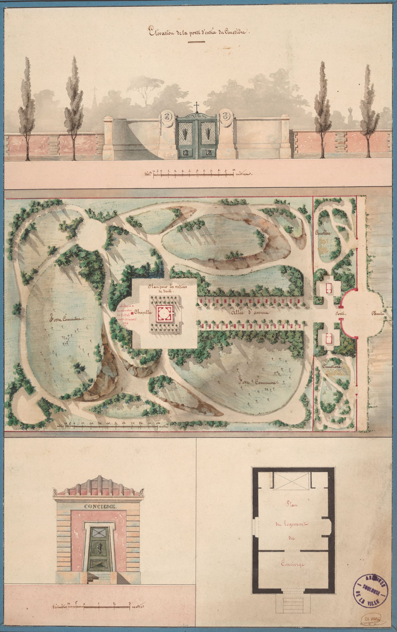 Projet de cimetière à Terre-Cabade. Elévation de l'entrée, plan du cimetière, élévation et plan de la loge du concierge par Urbain Vitry. Vers 1826. Lavis en couleurs.