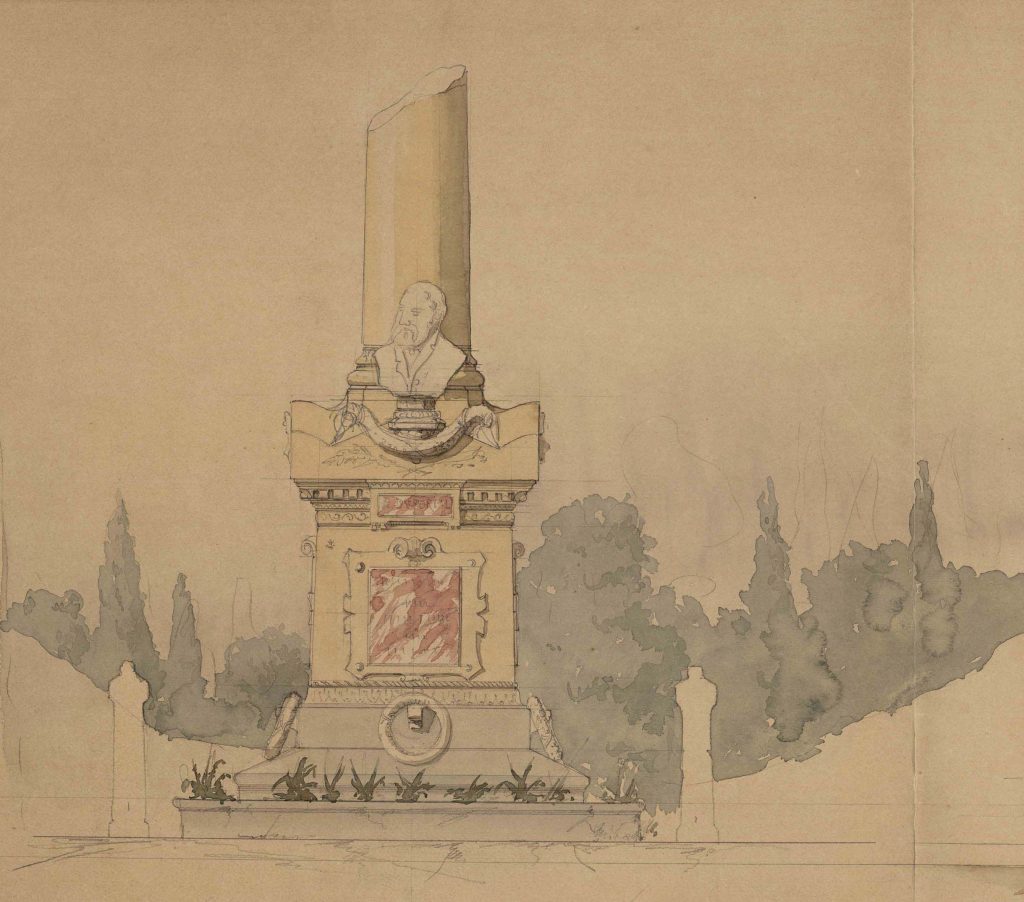 Monument à Armand Duportal. Cimetière de Terre- Cabade. 1888. Élévation, coupe et plan du monument à la mémoire de Armand Duportal, projet.